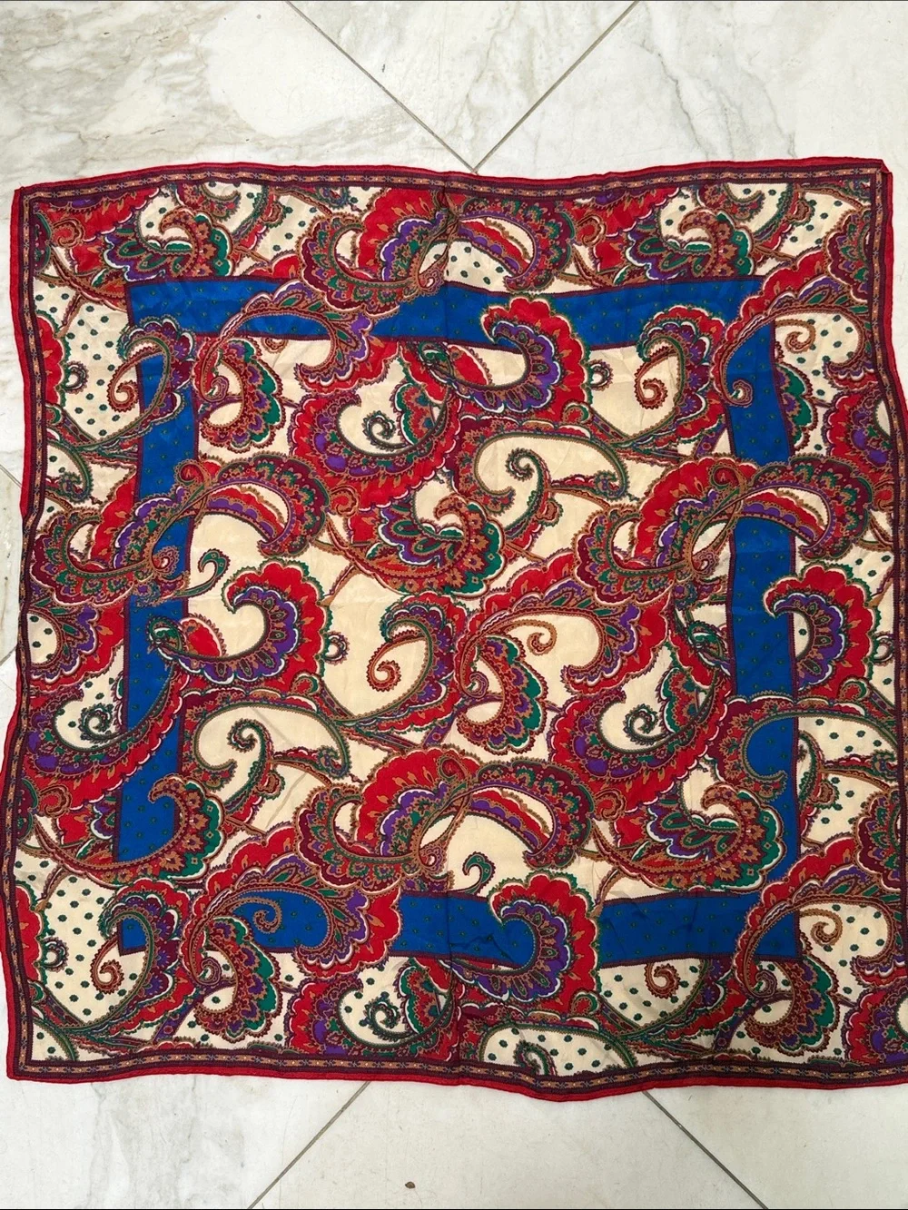 Vintage 1960’s Paisley delicate Silk Scarf in Red, Blue & Cream